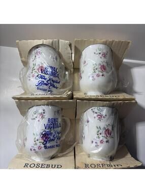 Royal Victoria English Mugs By Wade Potery Rosebud 4 Coffee Cups In Box